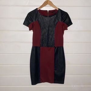 Maroon black faux leather panel dress